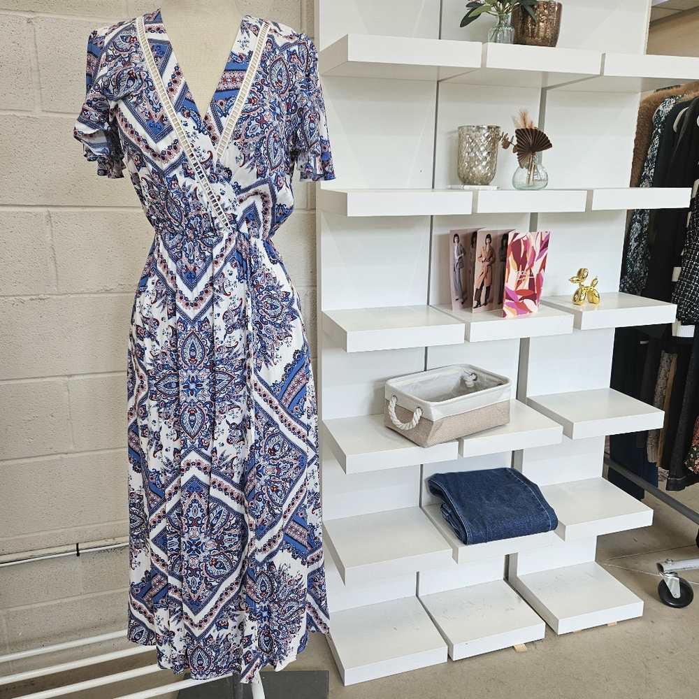 Scarf print dress with surplice front
